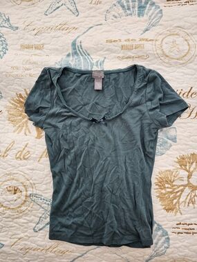 Tilly's Teal Scoop Neck Short Sleeve Top with Bow Trim, XS